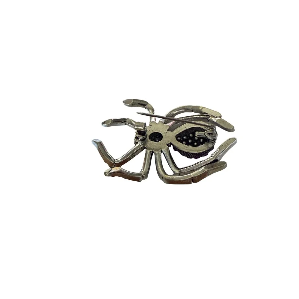 Purple and Black Rhinestone Spider Brooch Silver Tone Gothic Halloween Pin